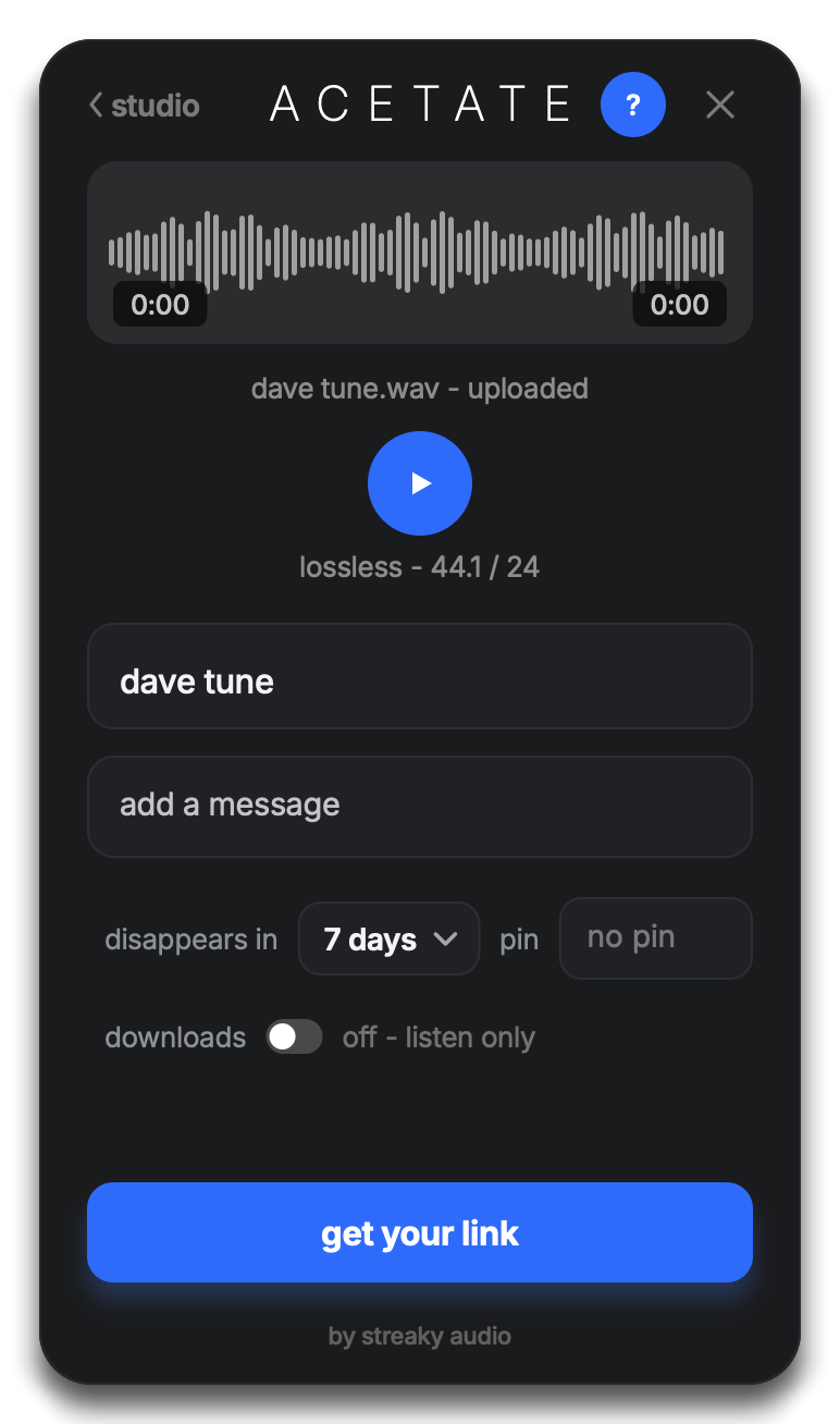the acetate app with a track staged and its link ready