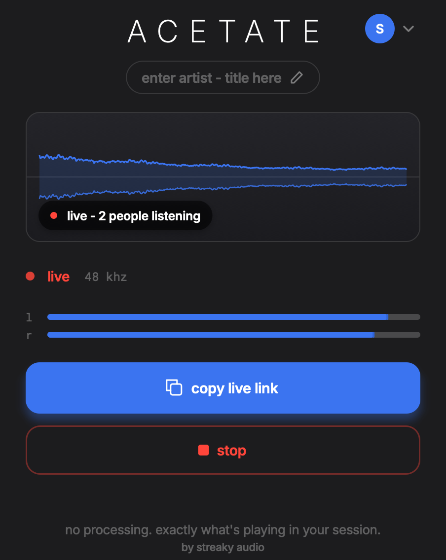 the acetate sender plugin, streaming, with its waveform live