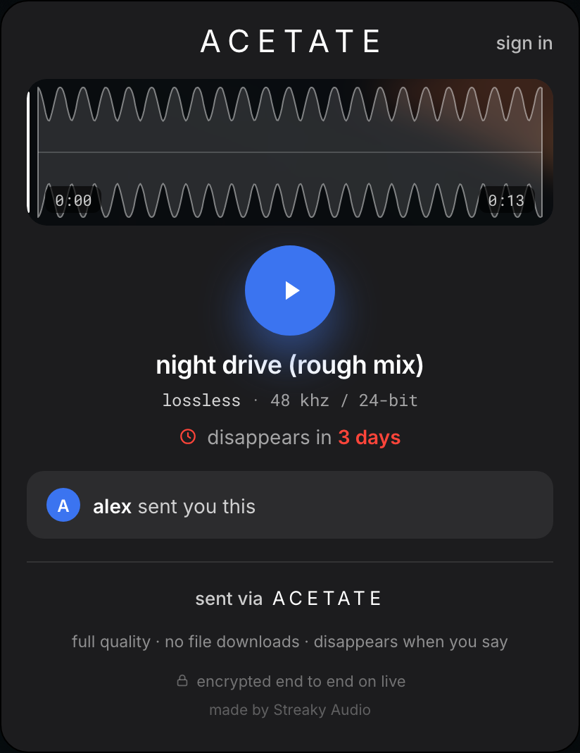 the acetate player: waveform, play, track name, quality, when it disappears