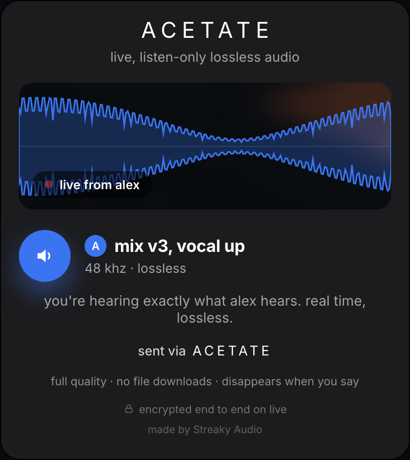 the live player: live from the sender, a real-time waveform, real time lossless